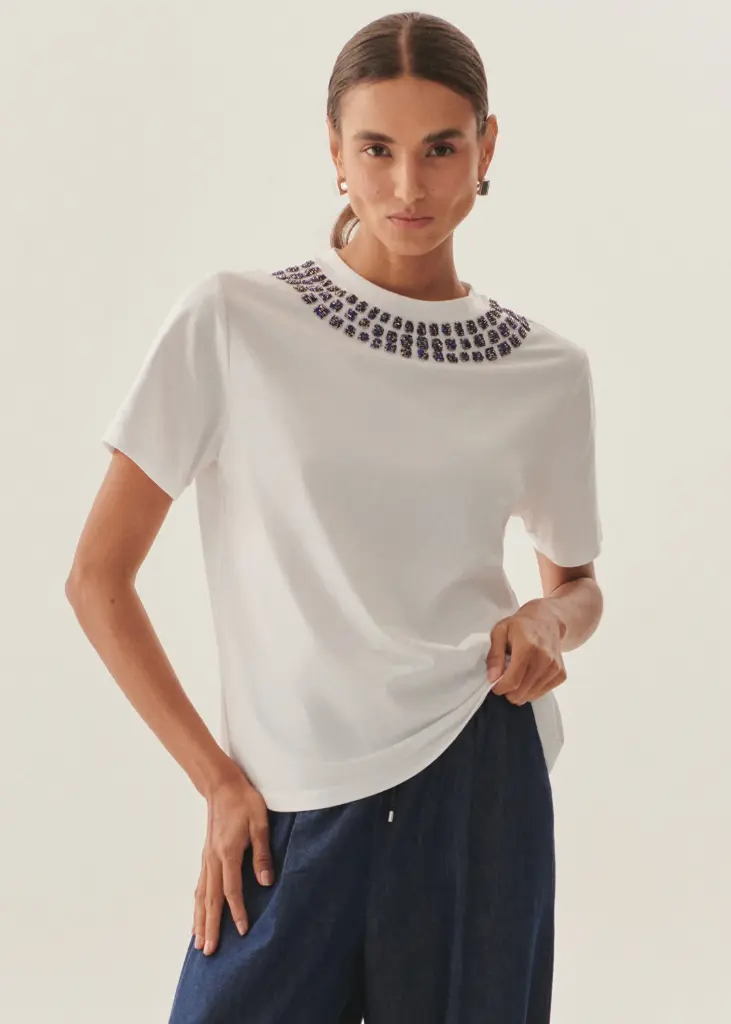 EXQUİSE YAKASI İŞLEME DETAYLI BİSİKLET YAKA BEYAZ REGULAR PAMUKLU T-SHIRT