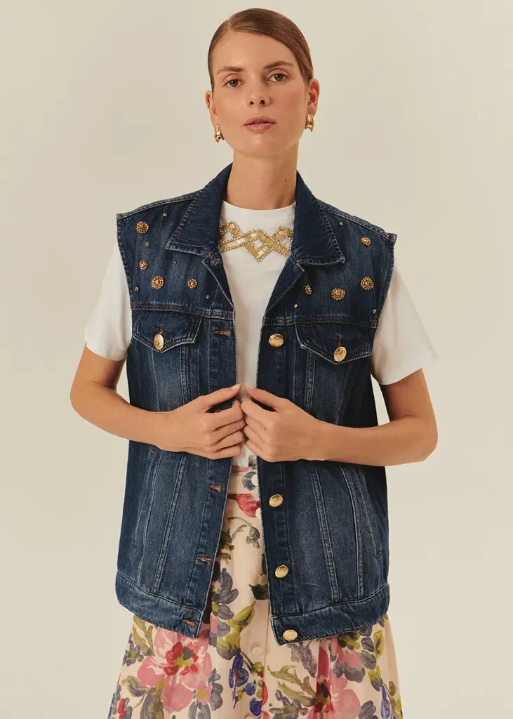 EXQUİSE Taş Detaylı Pamuk İndigo Denim Yelek 