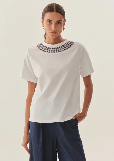 EXQUİSE YAKASI İŞLEME DETAYLI BİSİKLET YAKA BEYAZ REGULAR PAMUKLU T-SHIRT