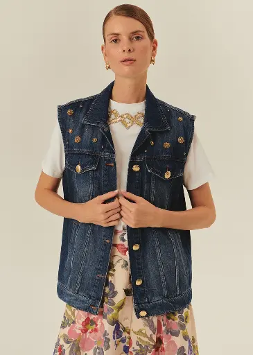 EXQUİSE Taş Detaylı Pamuk İndigo Denim Yelek 